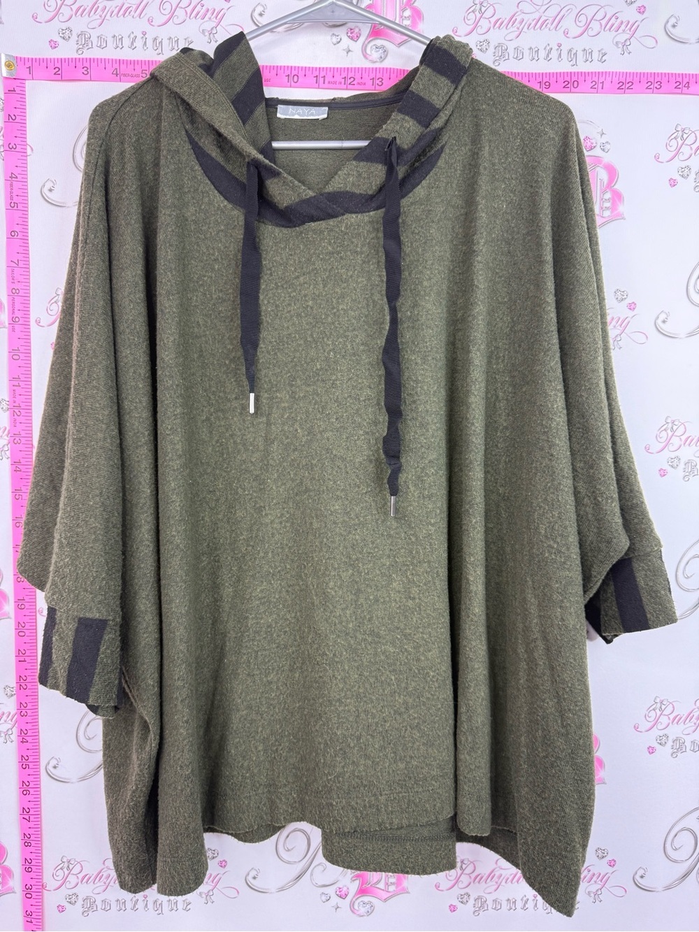 Naya sweater poncho style Olive Green Hooded Poncho with Black Trim